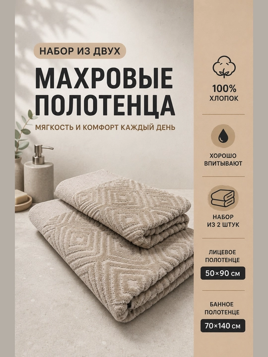 Mahroviy sochiqlar to‘plami 2 dona 50x90 va 70x140 sm, 100% paxta,hammom va yuz uchun - 
