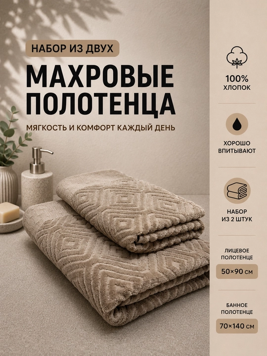 Mahroviy sochiqlar to‘plami 2 dona 50x90 va 70x140 sm, 100% paxta,hammom va yuz uchun - 