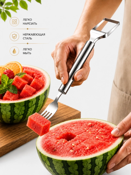 Tarvuz uchun 2 tasi 1 da pichoq-vilka zanglamaydigan po‘latdan, meva, tarvuz va mango kesgich - 