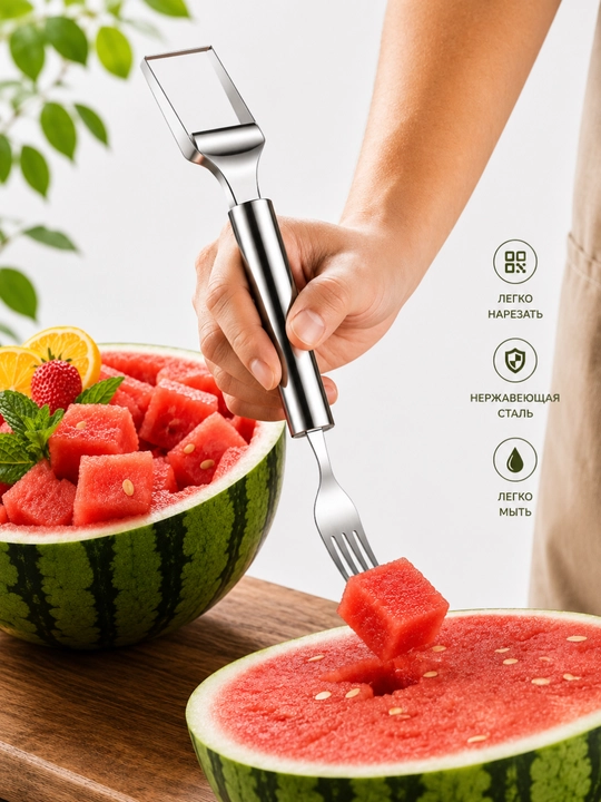 Tarvuz uchun 2 tasi 1 da pichoq-vilka zanglamaydigan po‘latdan, meva, tarvuz va mango kesgich