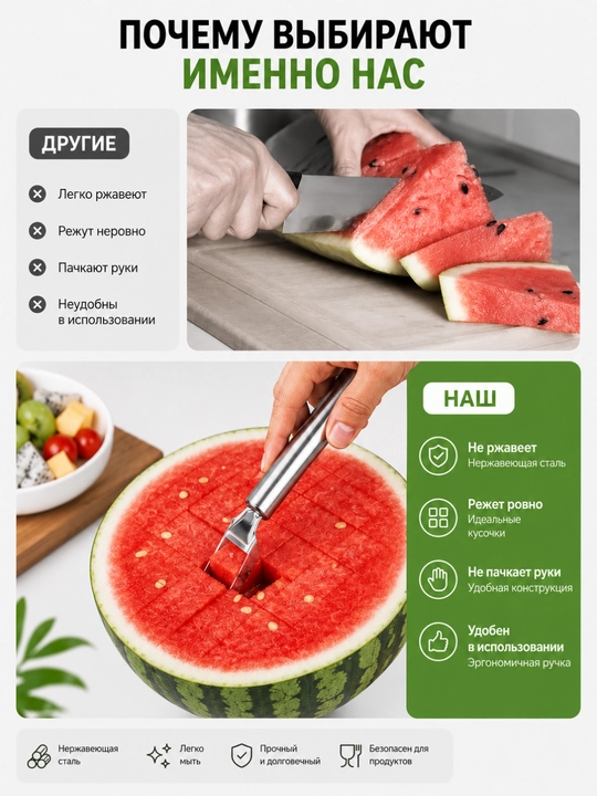 Tarvuz uchun 2 tasi 1 da pichoq-vilka zanglamaydigan po‘latdan, meva, tarvuz va mango kesgich