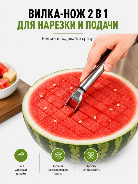 Tarvuz uchun 2 tasi 1 da pichoq-vilka zanglamaydigan po‘latdan, meva, tarvuz va mango kesgich