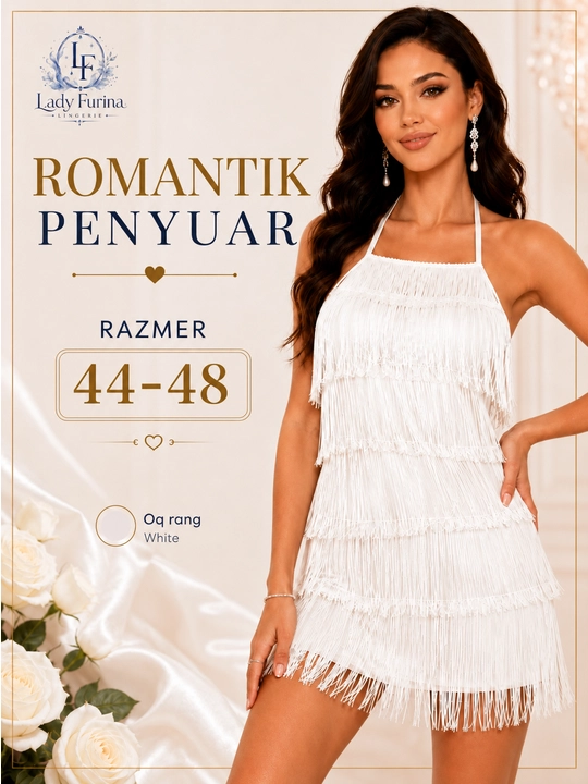 Ayollar uchun oq romantik penyuar, osma bo‘yinli, popukli tungi kiyim, 44–48 razmer - 