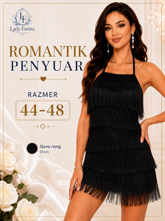 Ayollar uchun oq romantik penyuar, osma bo‘yinli, popukli tungi kiyim, 44–48 razmer - 