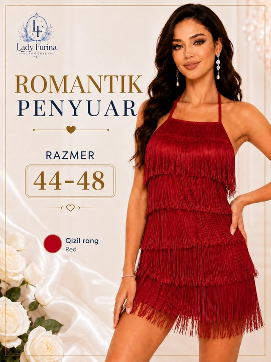 Ayollar uchun oq romantik penyuar, osma bo‘yinli, popukli tungi kiyim, 44–48 razmer - 