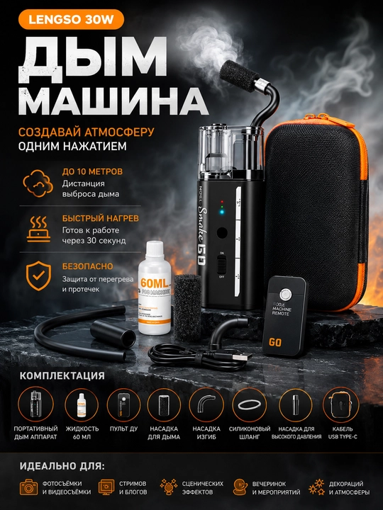 Дым машина, портативный генератор дыма, LENSGO Smoke GO 30 Вт, для создание контента