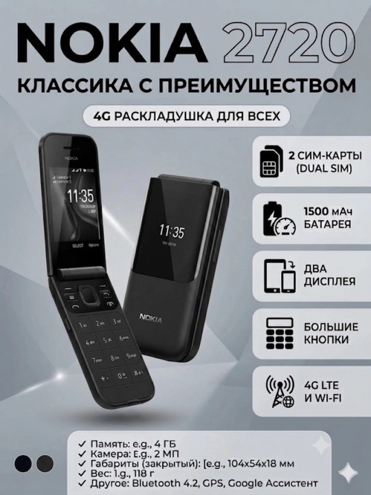 Nokia 2720 Flip tugmali telefon 2 ta sim karta 1500 mA/soat batareya ikkita ekranli korpus - 