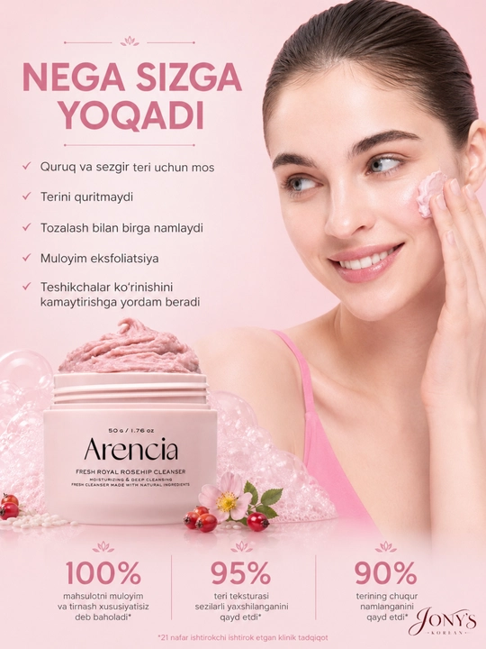 Arencia yuz yuvish vositasi — poralarni chuqur tozalash va namlantirish uchun