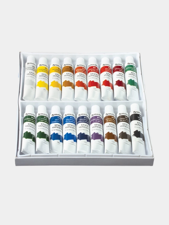 BRAUBERG akril badiiy bo‘yoqlari, 12 ml dan 18 xil rangli to‘plam