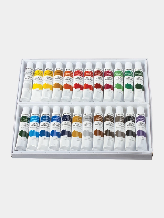 BRAUBERG akril badiiy bo‘yoqlari, 12 ml dan 24 xil rangli to‘plam