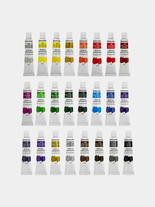 BRAUBERG akril badiiy bo‘yoqlari, 12 ml dan 24 xil rangli to‘plam
