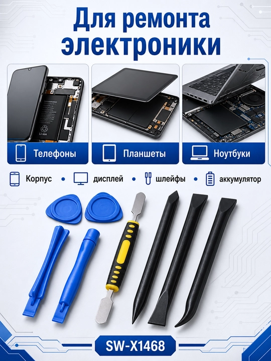 Набор инструментов для разборки телефонов, планшетов и ноутбуков SW-X1468, 8 предметов
