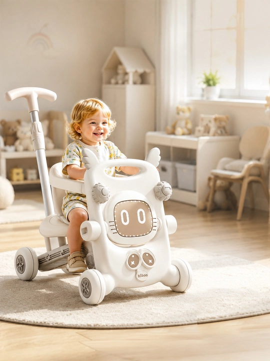 6 ta 1 da bolalar yurish moslamasi, musiqa va yorug‘lik, aravacha va skuter