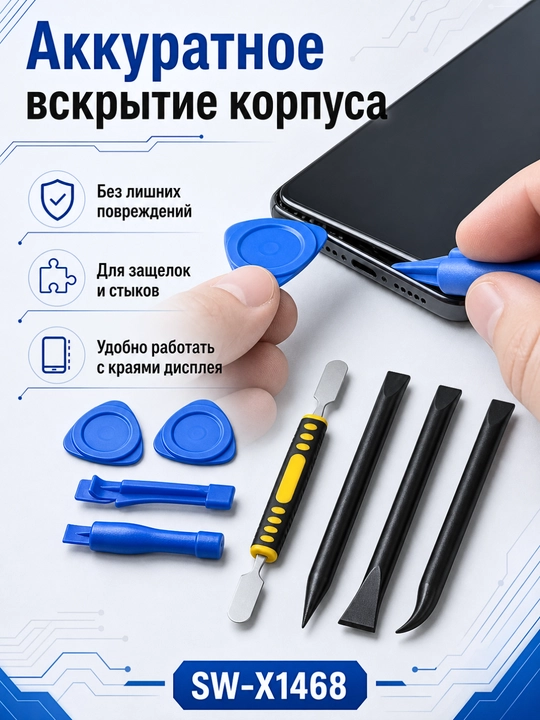 Набор инструментов для разборки телефонов, планшетов и ноутбуков SW-X1468, 8 предметов