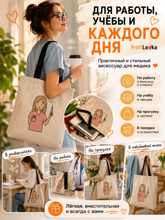 Шоппер для врача, сумка для медика, подарок медработнику, формат А4 40×38 см