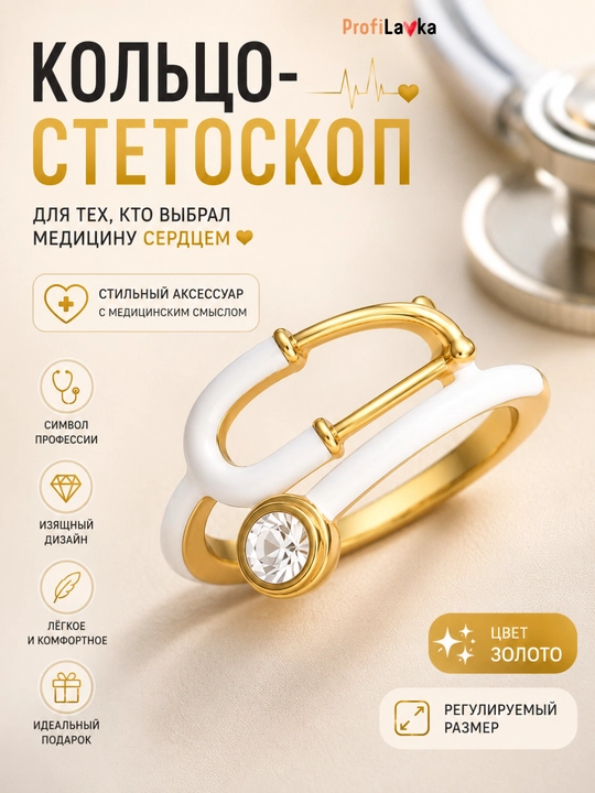 Кольцо стетоскоп, кольцо для врача, медицинское кольцо, подарок медику, регулируемое - 