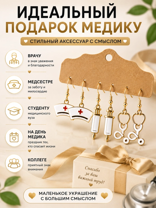 Набор сережек для медика 3 пары, серьги врачу, серьги медсестре, медицинские серьги