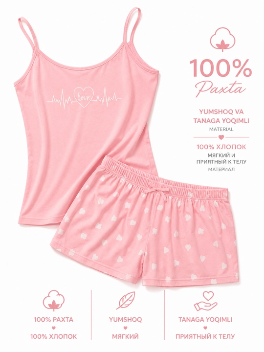 Milana ayollar uchun yozgi pijama | 100% paxta mayka va shorti komplekti