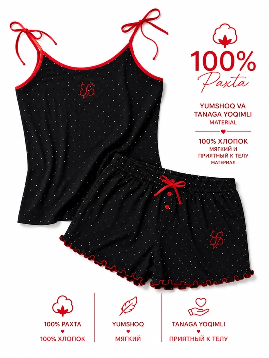 Milana ayollar uchun yozgi pijama | 100% paxta mayka va shorti komplekti