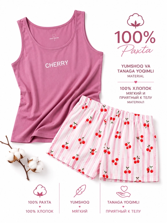 Milana ayollar uchun yozgi pijama | 100% paxta mayka va shorti komplekti