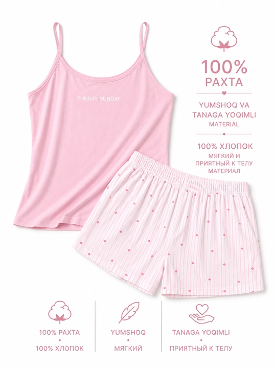 Milana ayollar uchun yozgi pijama | 100% paxta mayka va shorti komplekti