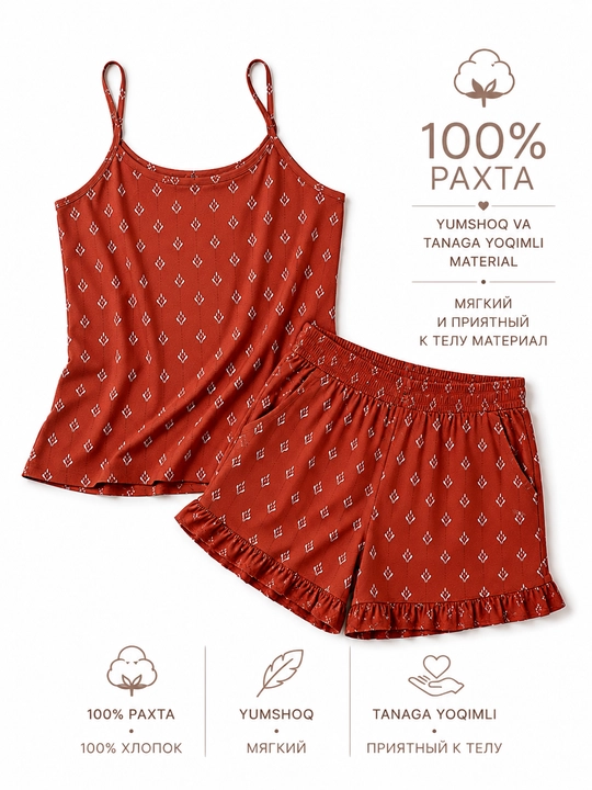 Milana ayollar uchun yozgi pijama | 100% paxta mayka va shorti komplekti