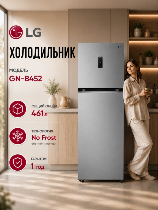 Холодильник LG GN-B452, 461 л, DoorCooling+™ | HygieneFresh+™ | Smart Inverter Compressor - 