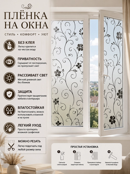 Quyoshdan himoyalovchi plyonka, derazalarga xira nakleyka, dekorativ - 