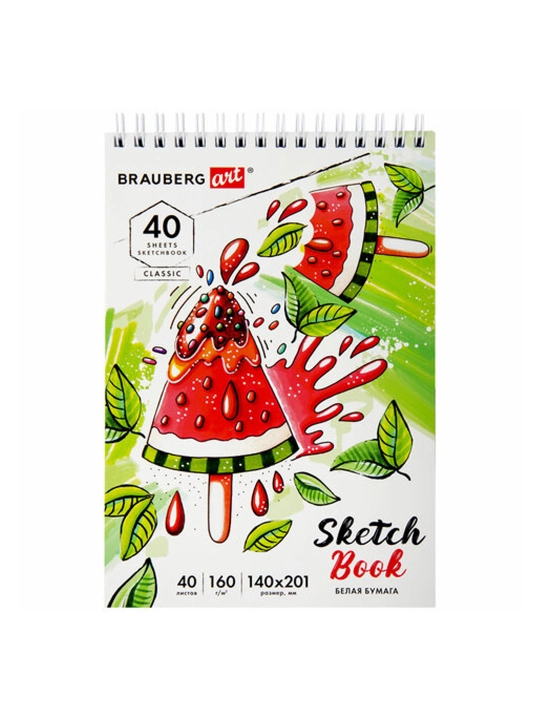Sketchbuk, oq qog‘oz 160 g/m2, 140x201 mm, 40 varaq, qattiq taglik, assorti, 115071