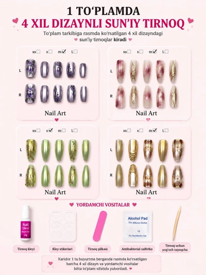 Sun’iy tirnoqlar Press On Nails, 4 to‘plam, 500+ dizayn, qayta foydalaniladigan tirnoqlar