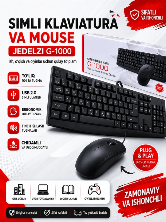 Sichqoncha va klaviatura to‘plami simli,yoritgichli/Klassik ofis va o'yin uchun