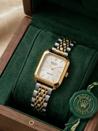 Женские прямоугольные часы Rolex с комбинированным браслетом