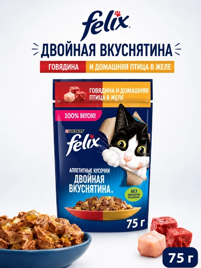 FELIX пауч для кошек желе с говядиной и домашней птицей 75гр по 26шт — S5-FELIXCATPAUCH14