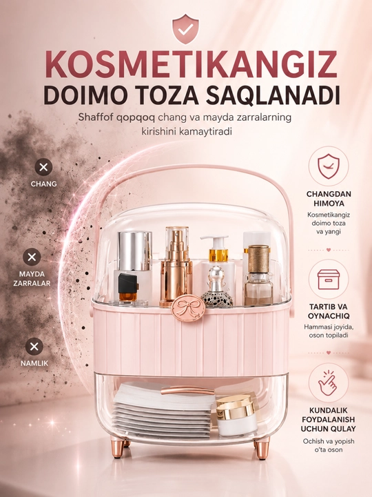 Kosmetika uchun shaffof akril organayzer, 2 bosqichli, sumkali