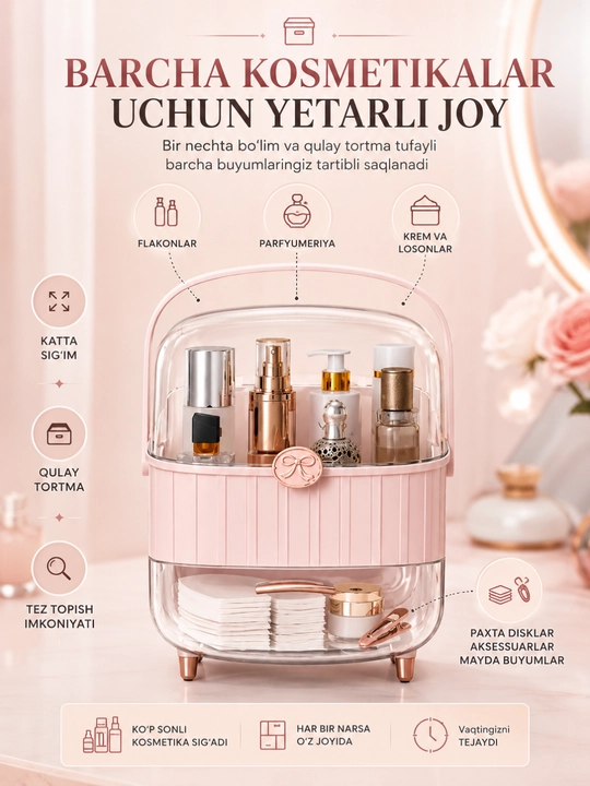 Kosmetika uchun shaffof akril organayzer, 2 bosqichli, sumkali