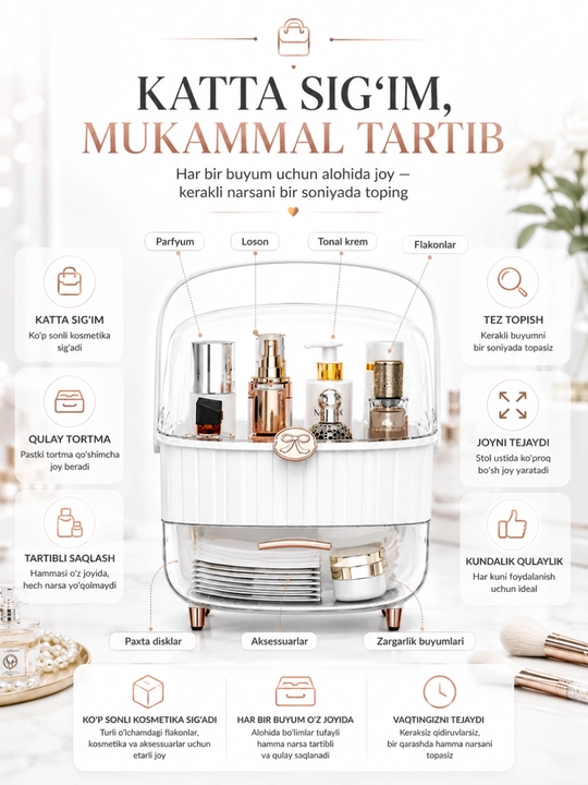 Kosmetika uchun shaffof akril organayzer, 2 bosqichli, sumkali
