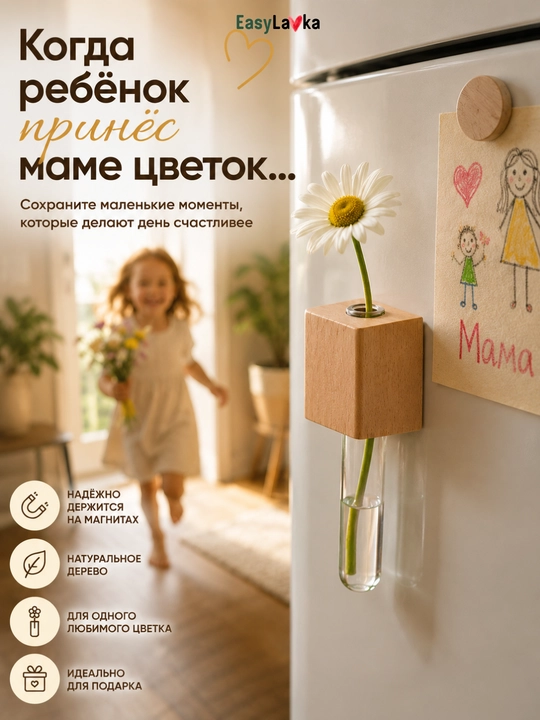 Магнитная ваза для холодильника из дерева и стекла, держатель для одного цветка - 