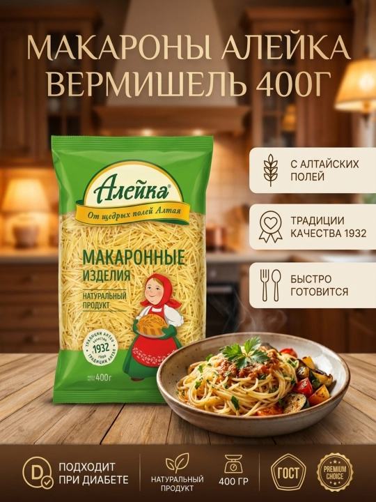 Макаронные изделия "Алейка", высший сорт, Вермишель,  400 гр - 