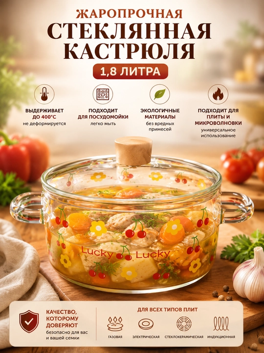Borossilikat shishadan qozon 1,8 - 3,5 l, issiqqa chidamli, qopqoqli