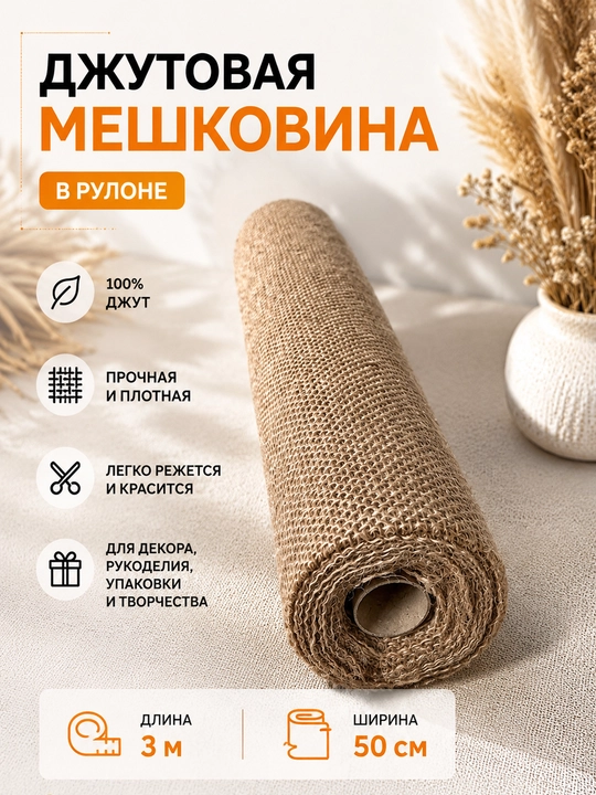 Джутовая мешковина в рулоне 3 м × 50 см, натуральный джут, для декора и рукоделия - 