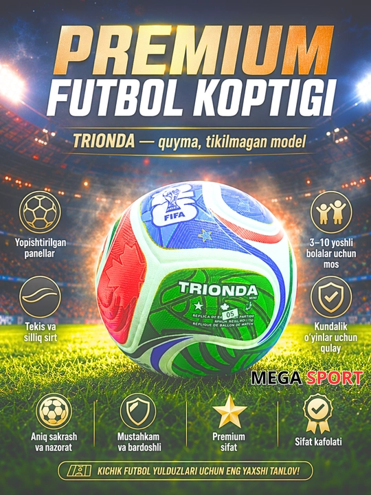 TRIONDA bolalar futbol to‘pi, o‘lchami 3, quyma va tikilgan versiyalarida mavjud