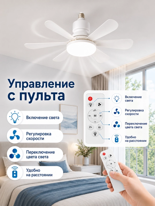 Вентилятор-светильник E27 52 см 6 лопастей 3 скорости 3 цвета света с пультом