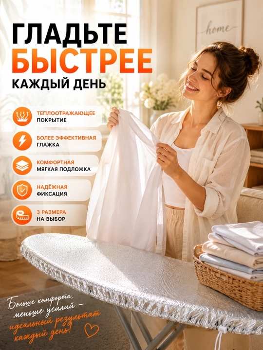 Чехол для гладильной доски теплоотражающий металлизированный 120х37, 130х50, 140х50 см