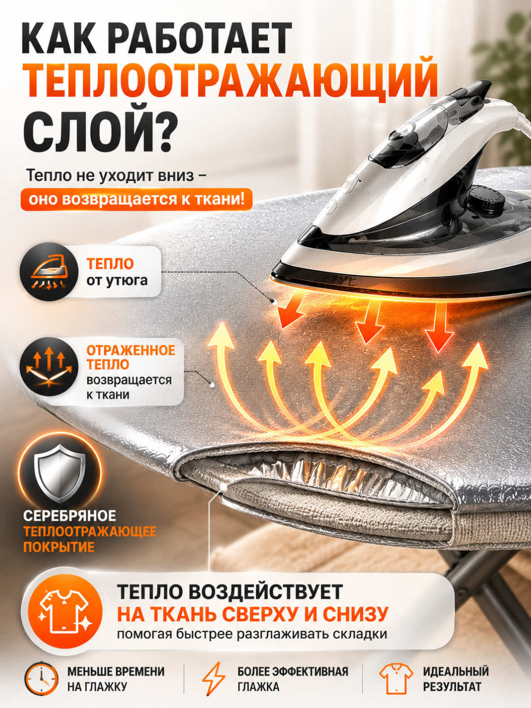 Чехол для гладильной доски теплоотражающий металлизированный 120х37, 130х50, 140х50 см