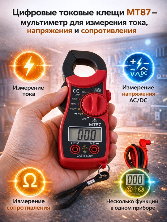 Цифровые токовые клещи MT87 — мультиметр для измерения тока, напряжения и сопротивления - 