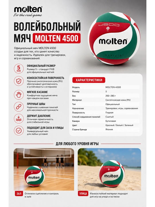 Волейбольный мяч Molten 4500 официальный размер 5 для тренировок и игр