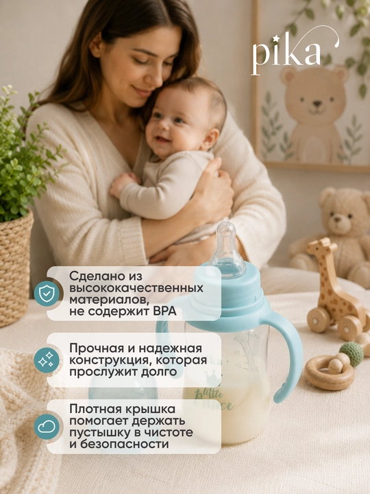 Бутылочка Pika для кормления малышей с ручками, 0+, 125,280 мл