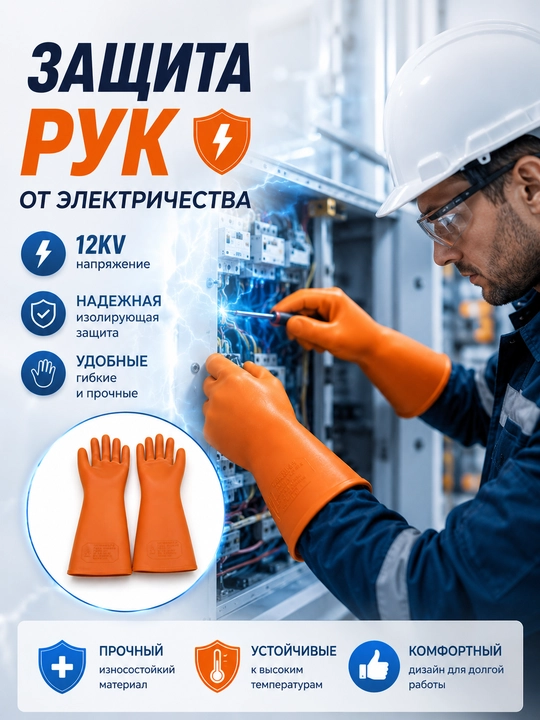 Elektriklar uchun himoya qo‘lqopi, dielektrik rezina qo‘lqop, 12KV gacha elektr himoyasi - 