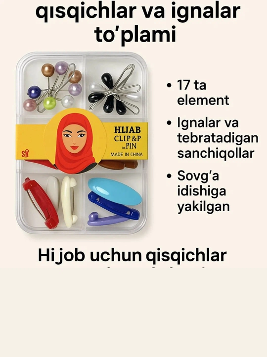 Ro‘mol uchun qistirgich va ignalar sovg‘a to‘plamida, hijob