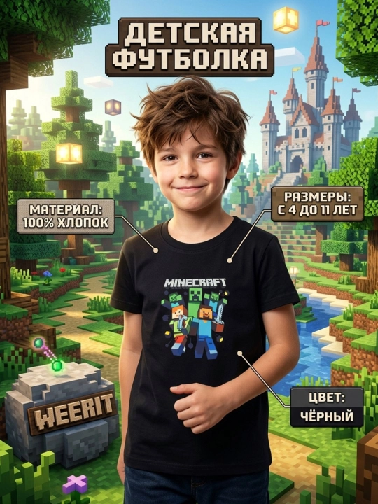 Детская футболка WEERIT для мальчиков, 100% хлопок, 4–11 лет с принтом MINECRAFT - 